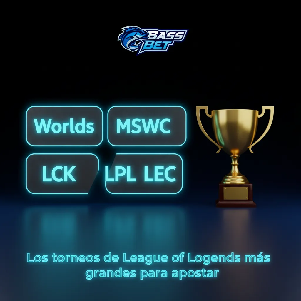 Collage con logos de Worlds, MSI, EWC, LCK, LPL y LEC de LoL; calendario competitivo anual para apostar.