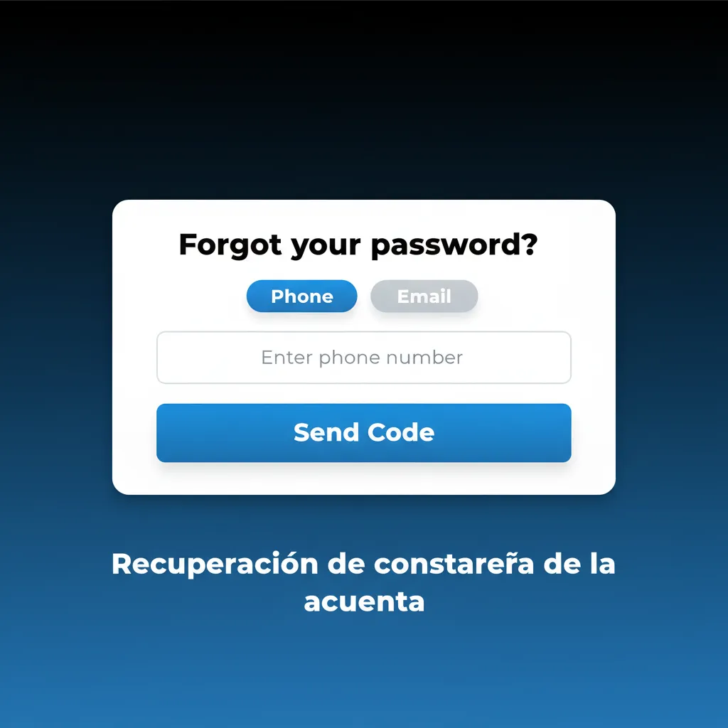 Pantalla de recuperación de contraseña de cuenta: elige email o SMS, sigue enlace/código y crea nueva clave.
