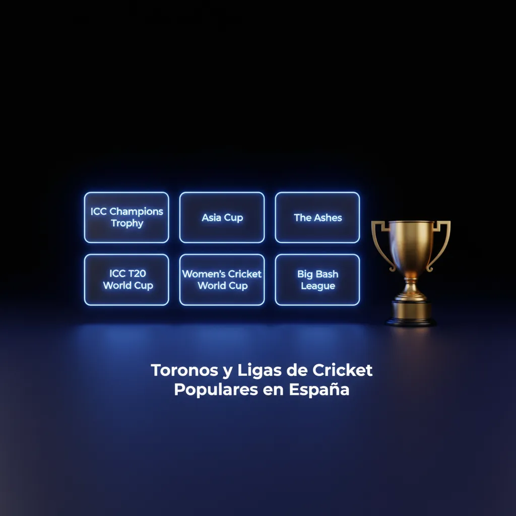 Listado de torneos de cricket en España: World Cup ODI, T20, The Ashes, IPL, BBL y ECL, con cuotas en vivo y filtros.